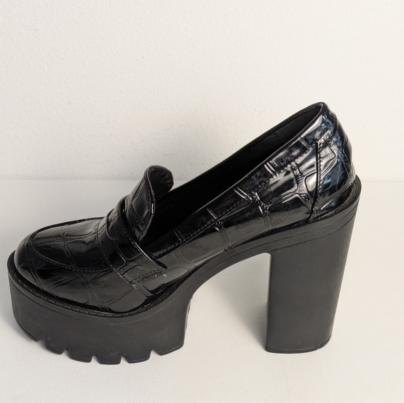 MDE PLATFORM LOAFER WOMENS US 9 EU 40 BLACK FAUX CROCODILE Chunky HEELS Loafers - Picture 5 of 9